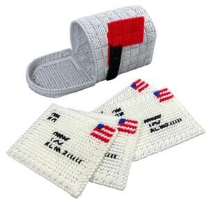 Vtg Plastic Canvas Yarn Mailbox 4 letters Coaster Set Whimsical Functional Decor